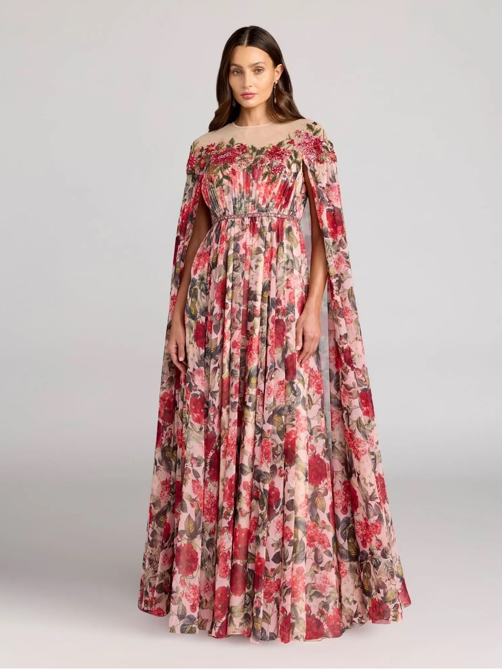 Mac Duggal Style 11907 Multicolor Floral Printed Chiffon High Neck Cape Gown